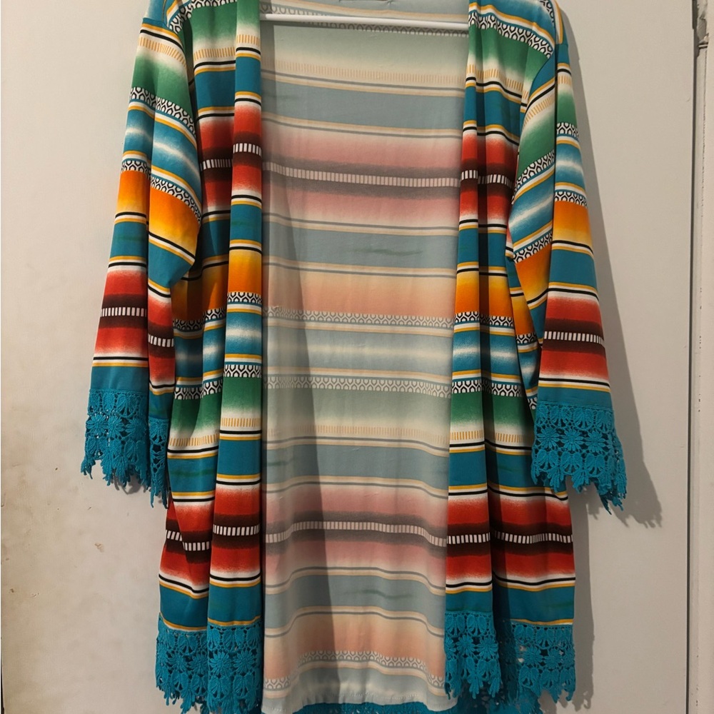 Multicolor Striped Women's Top with Lace Trim